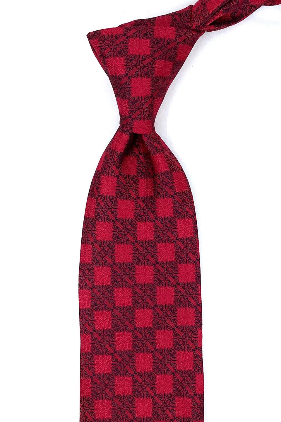 Kırmızı Motif Desen Mendilli Klasik Kravat KK10951