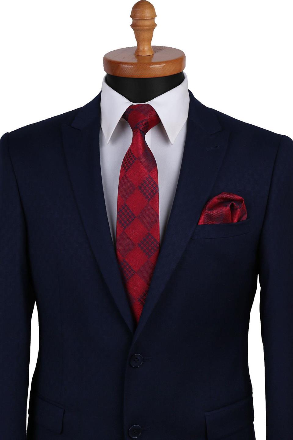 Kırmızı Motif Desen Mendilli Klasik Kravat KK9520