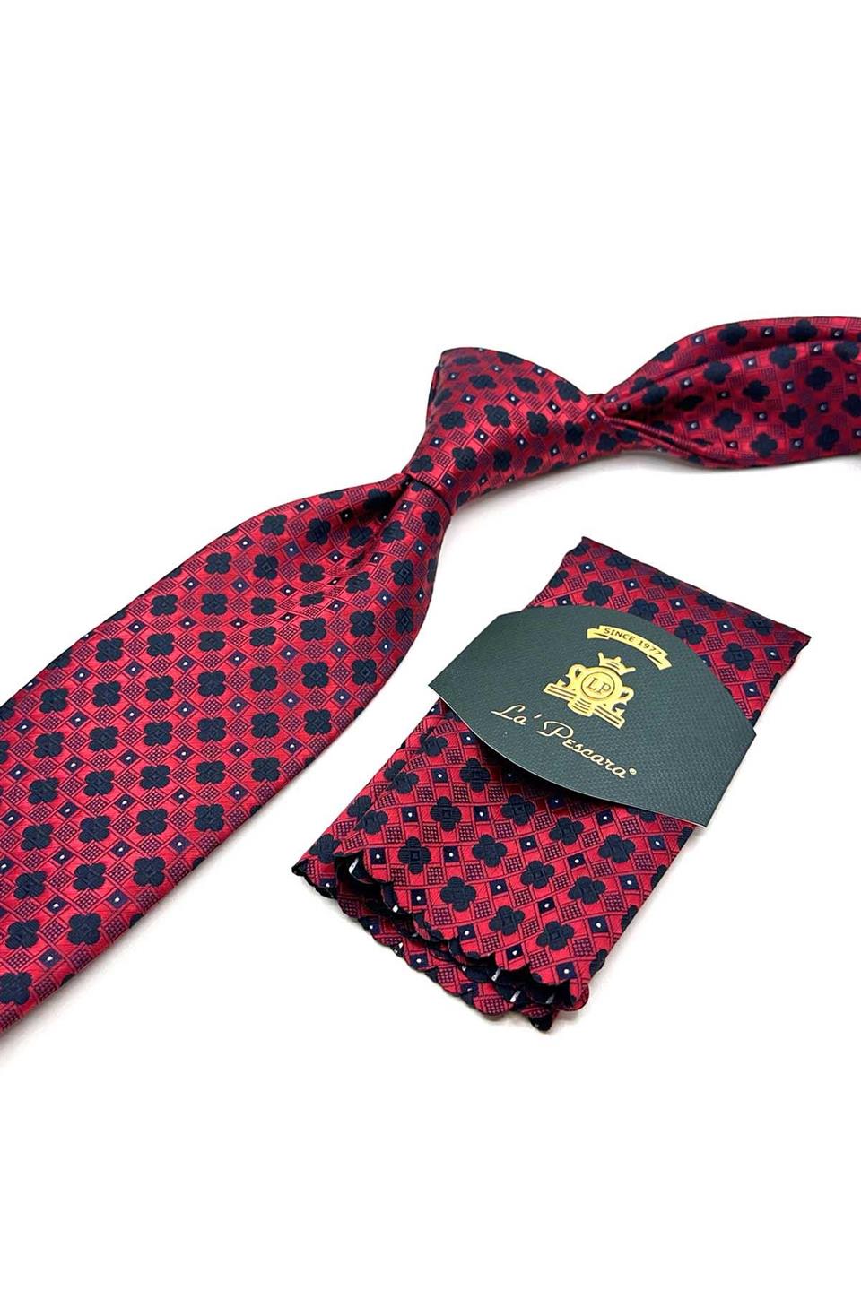 Kırmızı Motif Desen Mendilli Klasik Kravat KK13040