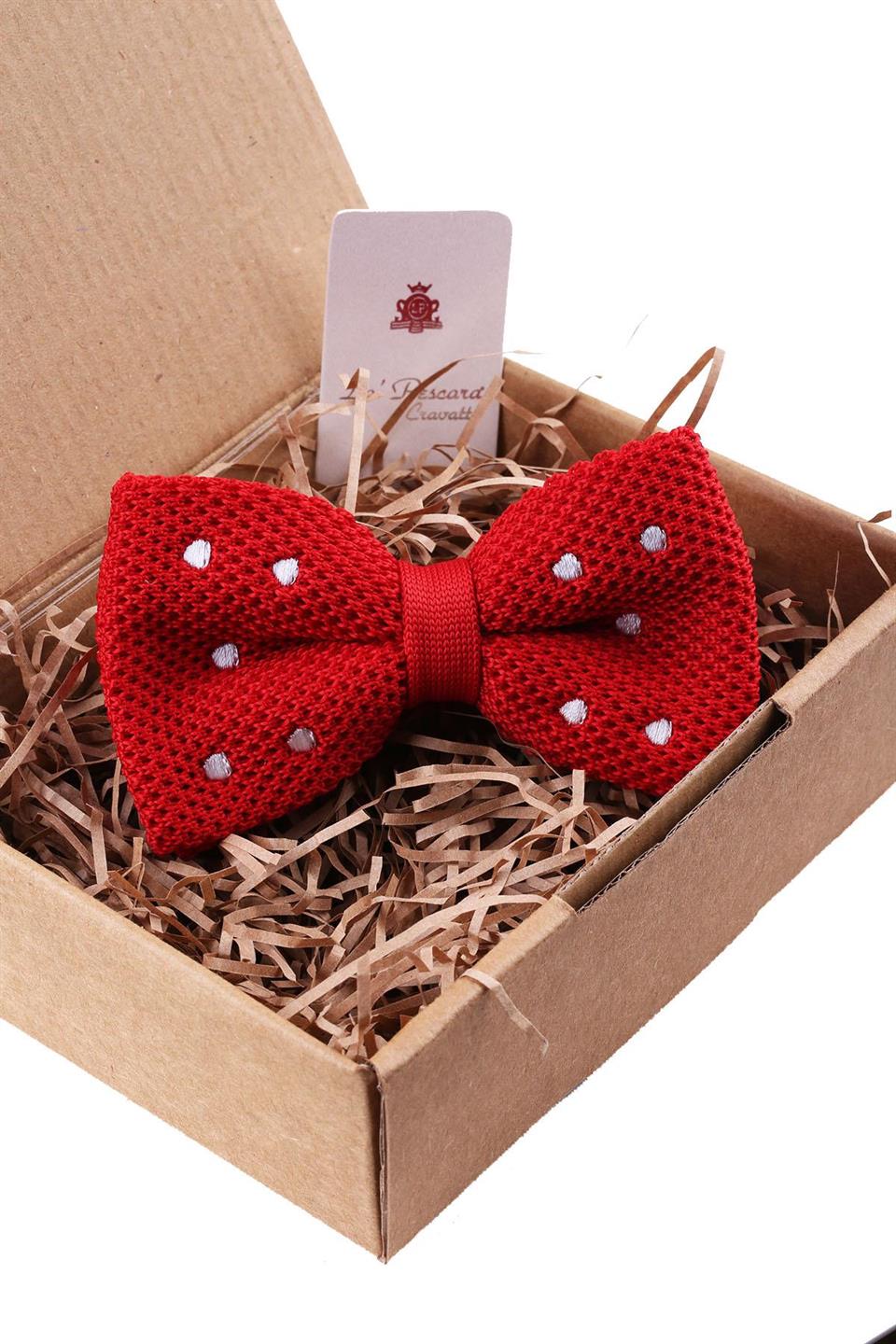 Kırmızı Puantiye Desen Örgü Papyon ÖR133