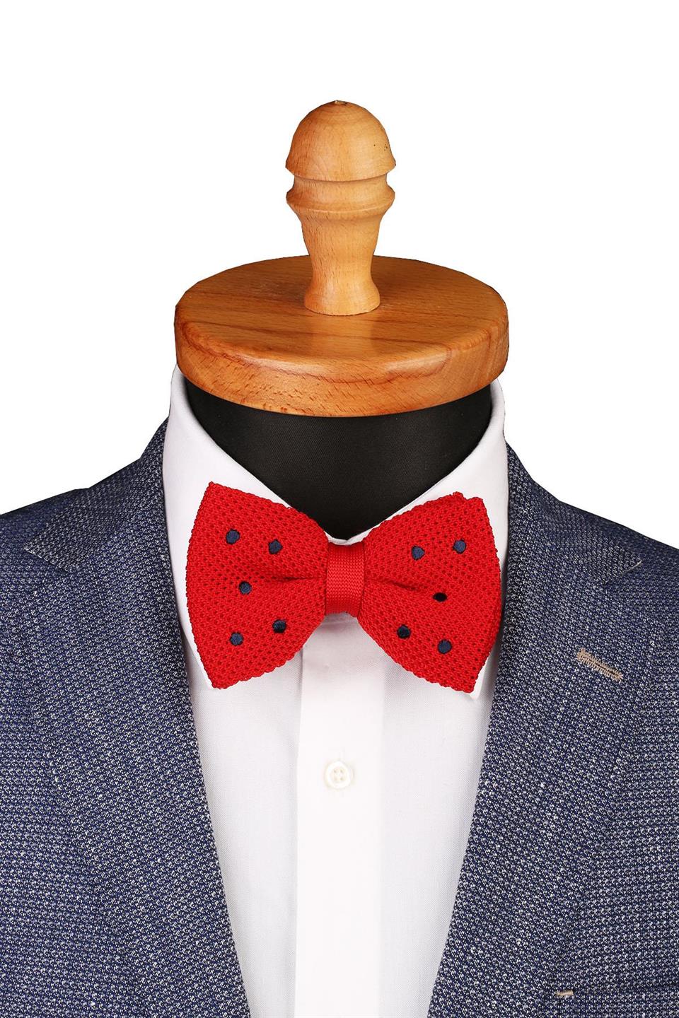 Kırmızı Puantiye Desen Örgü Papyon ÖR122