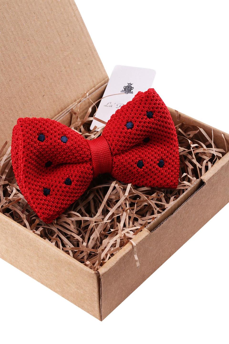 Kırmızı Puantiye Desen Örgü Papyon ÖR122