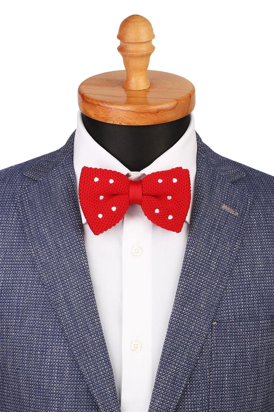 Kırmızı Puantiye Desen Örgü Papyon ÖR133