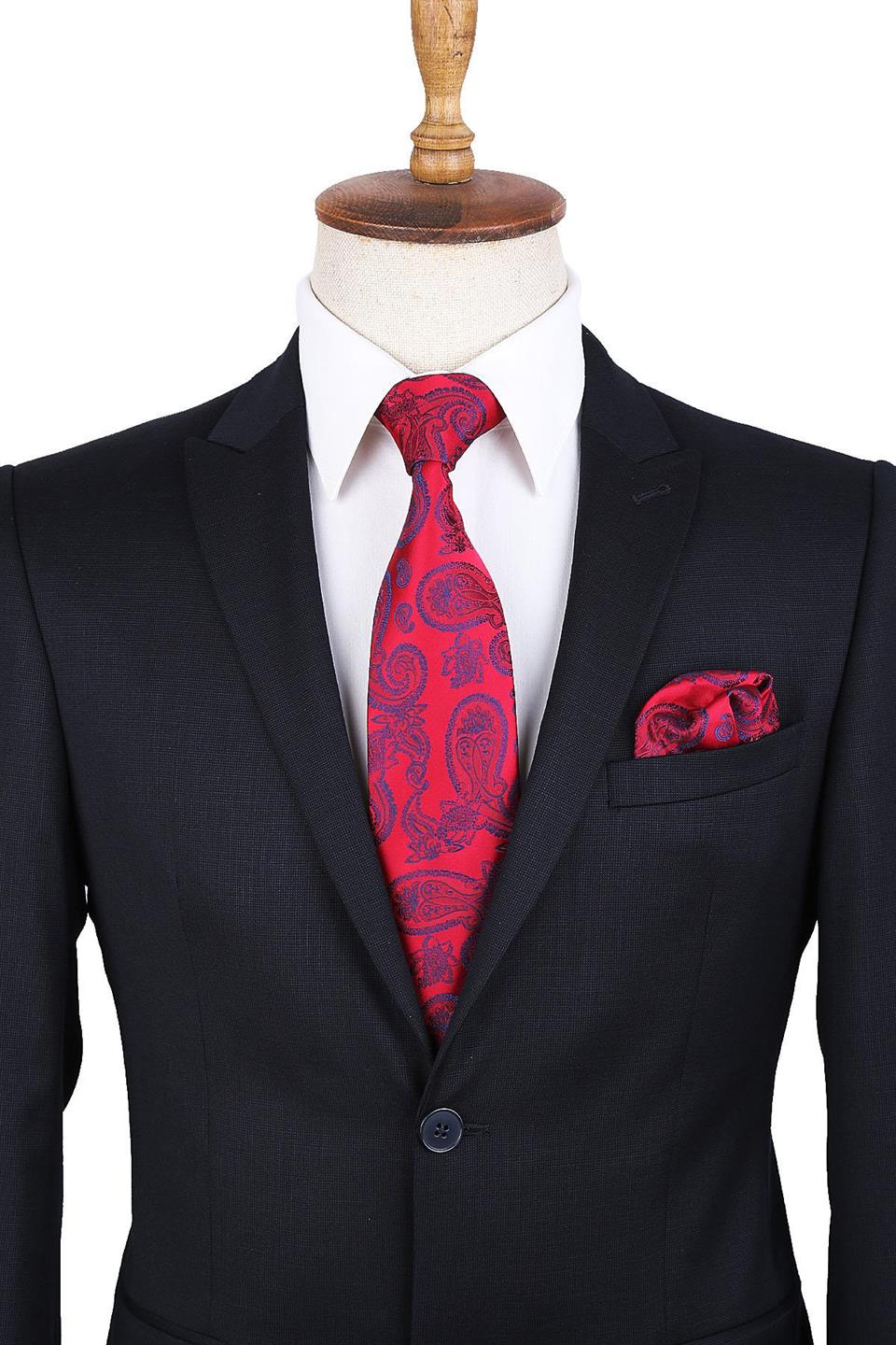 Kırmızı Şal Desen Mendilli Klasik Kravat KK9872