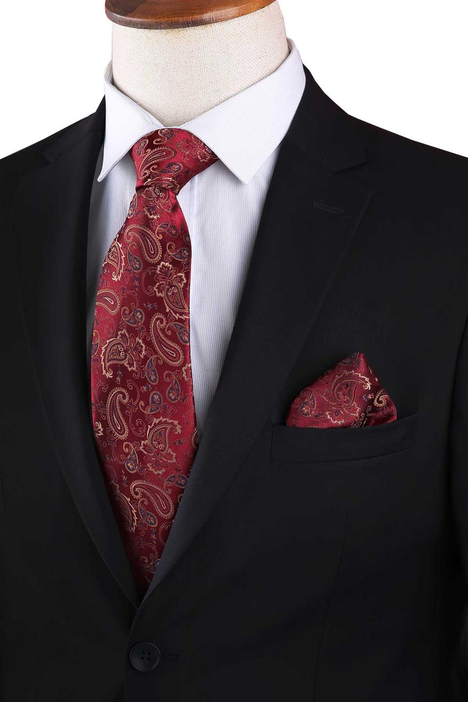 Kırmızı Şal Desen Mendilli Klasik Kravat KK13210