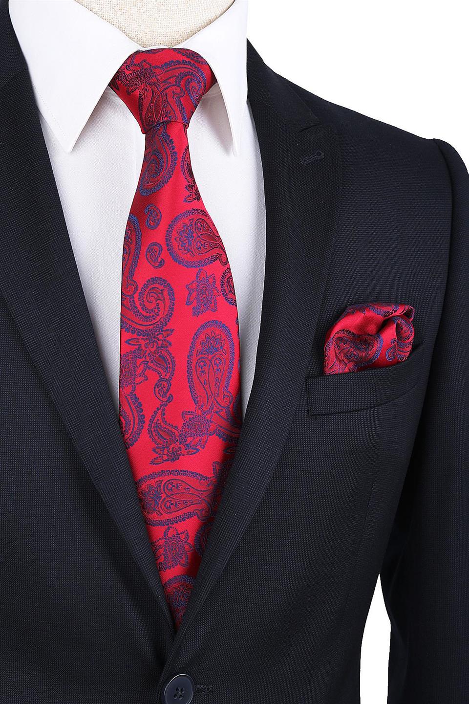 Kırmızı Şal Desen Mendilli Klasik Kravat KK9872