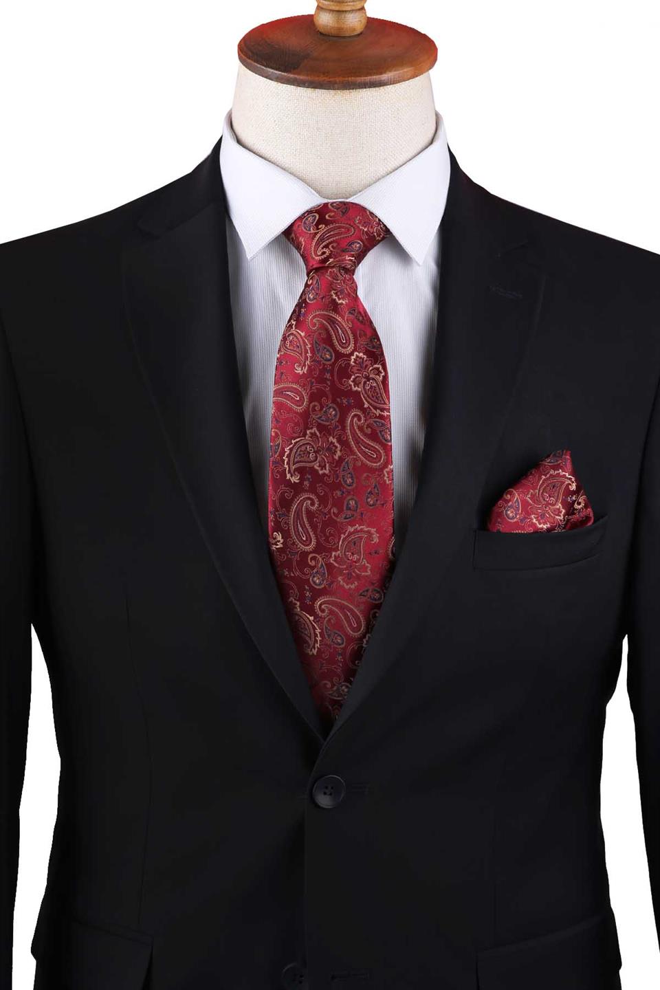 Kırmızı Şal Desen Mendilli Klasik Kravat KK13210