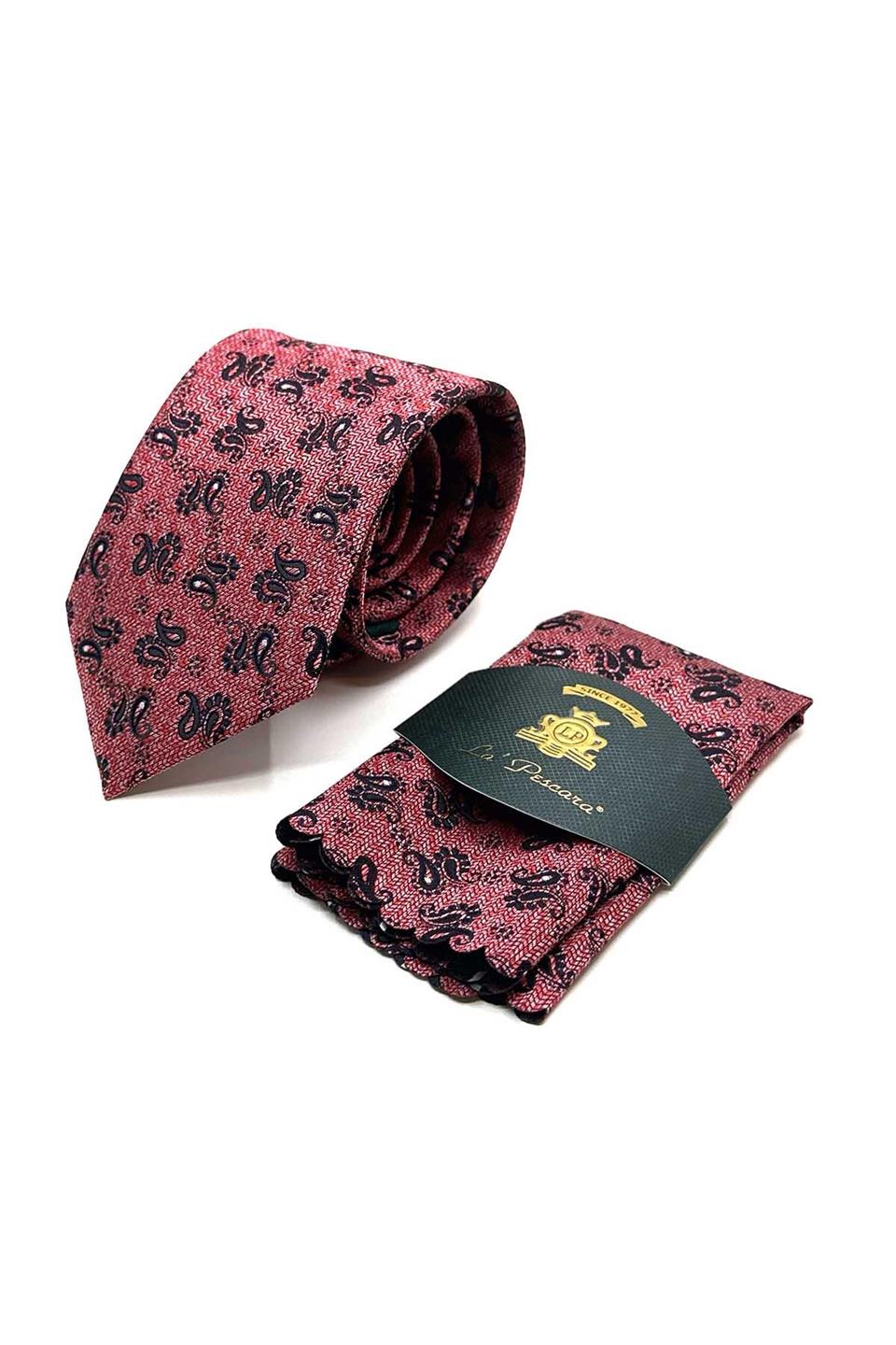 Kırmızı Şal Desen Mendilli Klasik Kravat KK13111