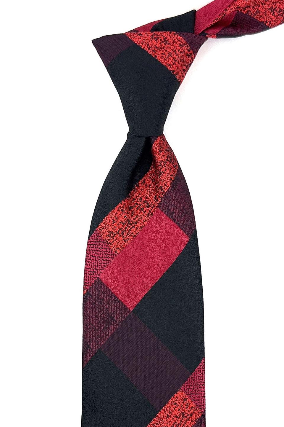 Kırmızı - Siyah Ekose Desen Mendilli Klasik Kravat KK11126