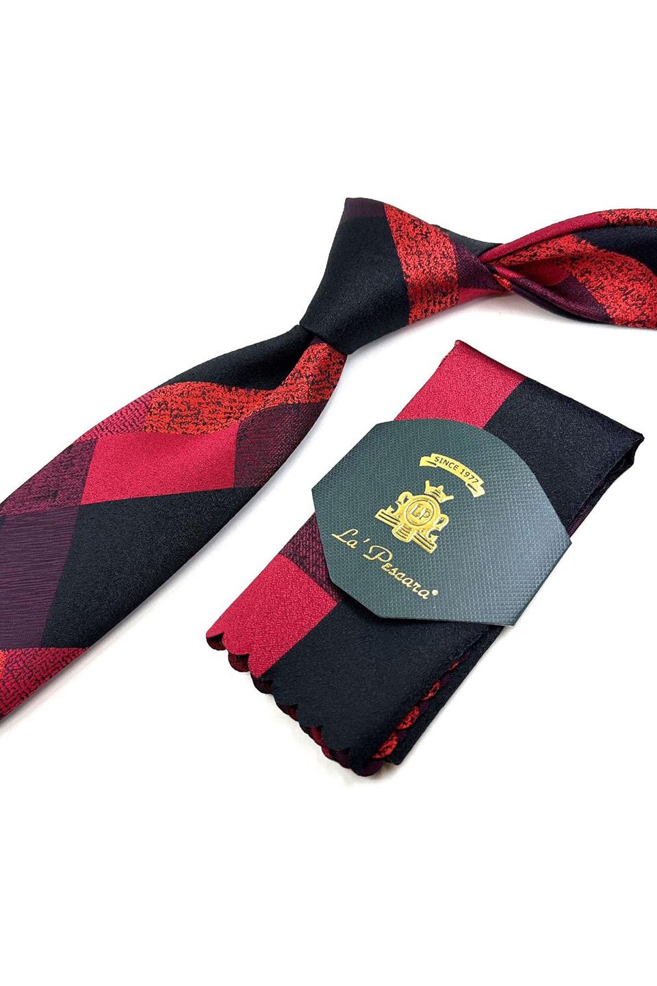 Kırmızı - Siyah Ekose Desen Mendilli Klasik Kravat KK11126