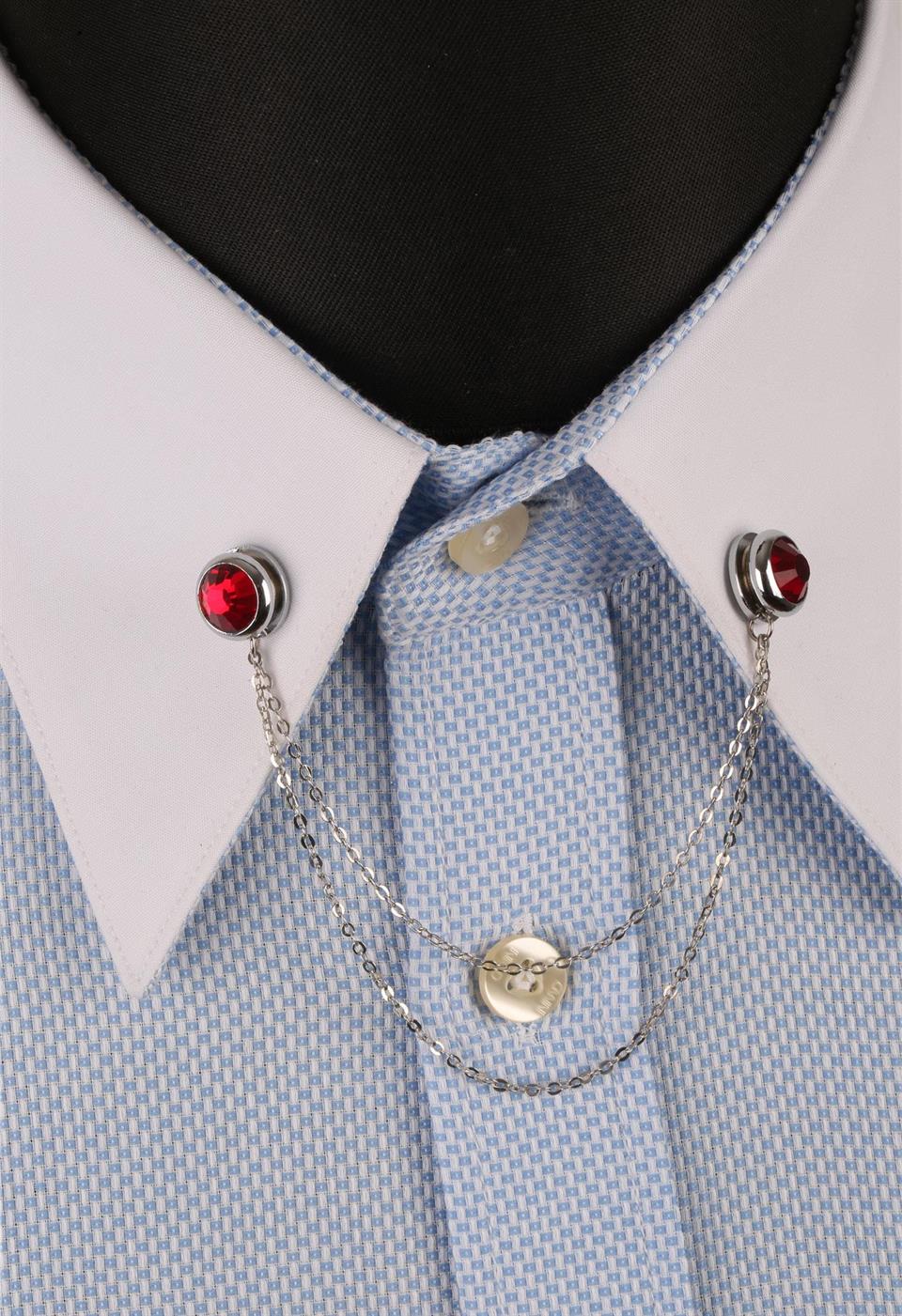 Kırmızı Taşlı Zincirli Gümüş Renk Gömlek Yaka İğnesi GI084