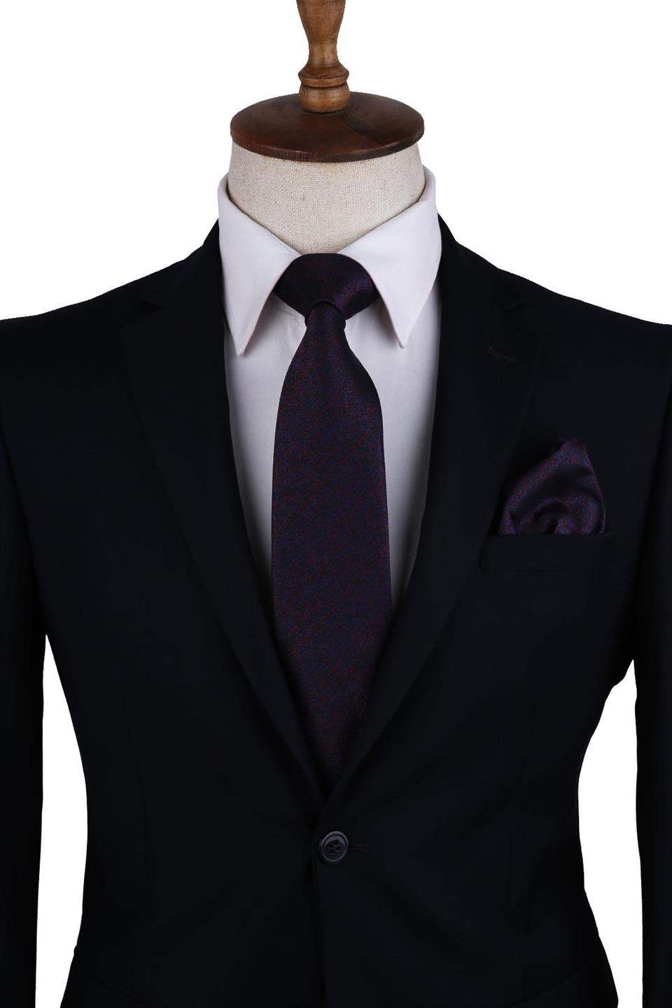 Koyu Lacivert Kum Desen Mendilli Klasik Kravat KK10443