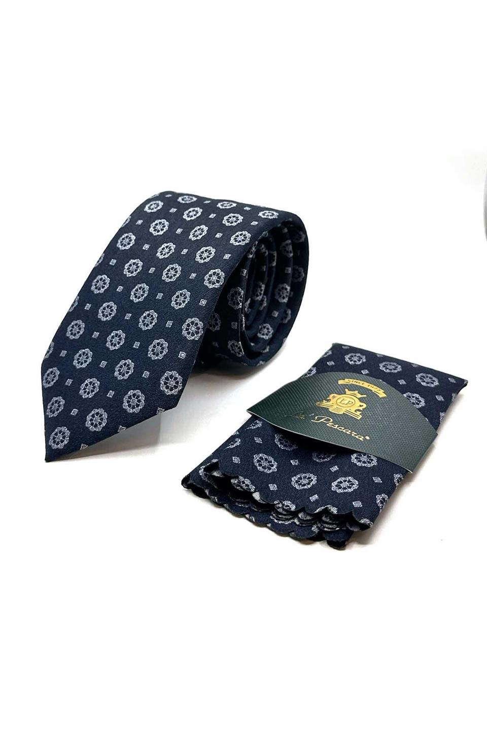 Koyu Lacivert Motif Desen Mendilli Klasik Kravat KK12908