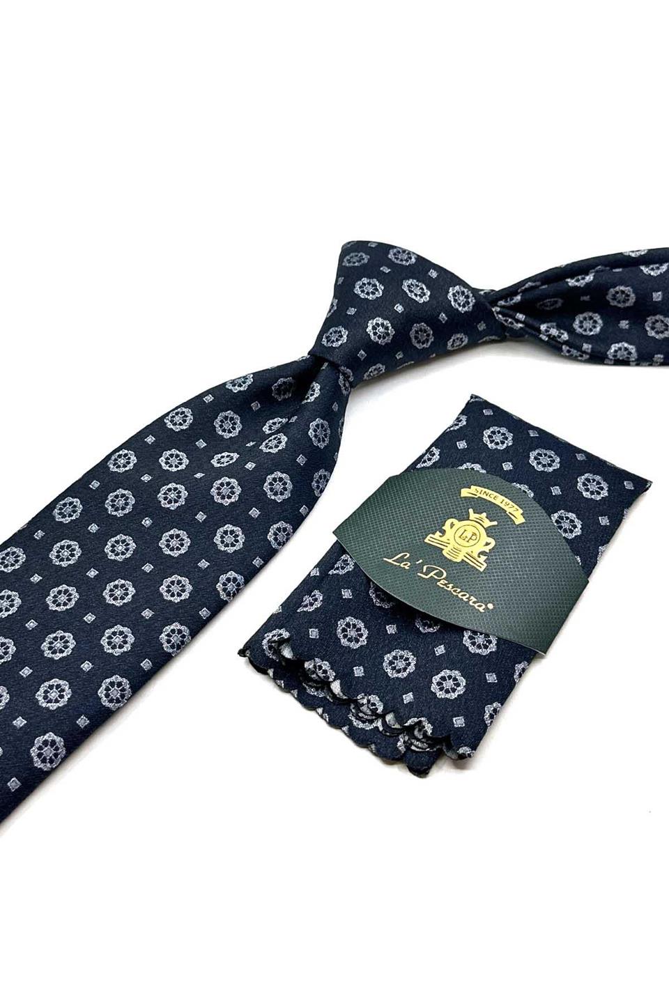 Koyu Lacivert Motif Desen Mendilli Klasik Kravat KK12908