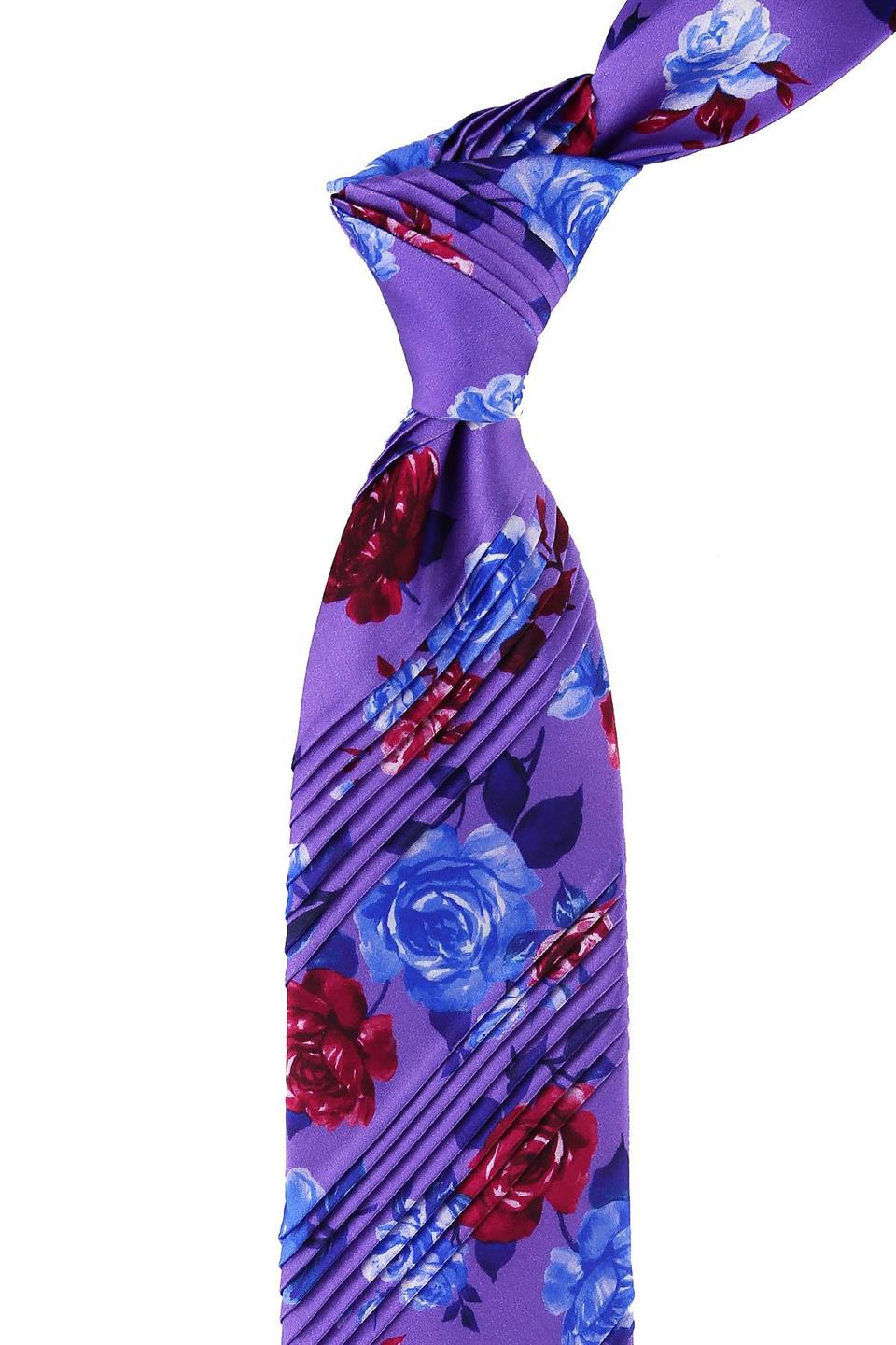 Koyu Lila Çiçek Desen Piliseli İpek Kravat EST145