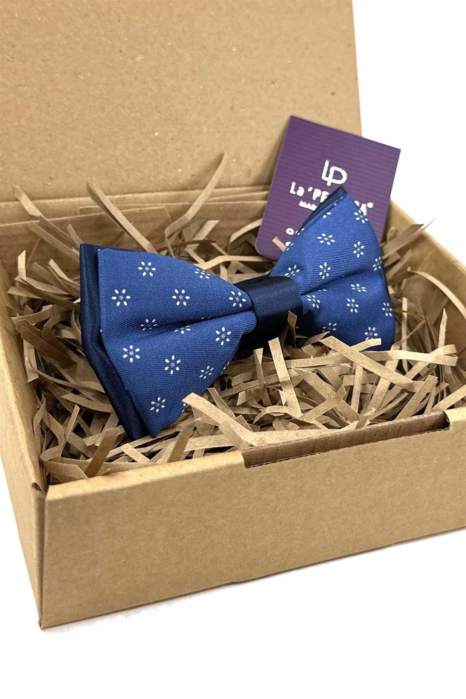 Koyu Mavi Çiçek Desen Papyon P1965