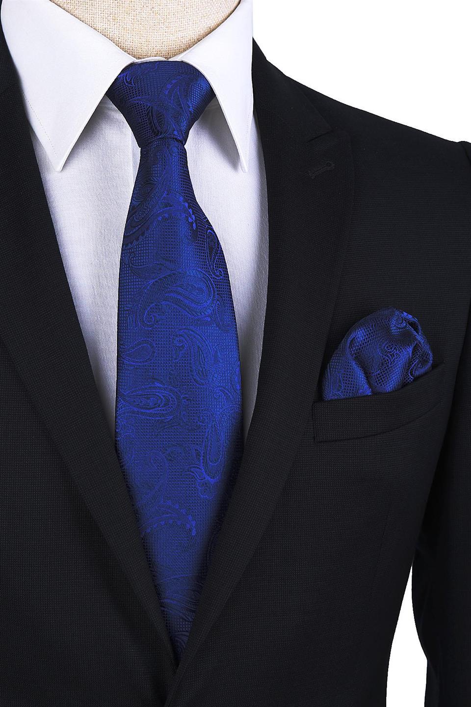Koyu Mavi Şal Desen Mendilli Klasik Kravat KK9878