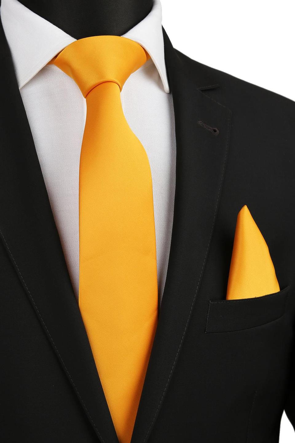 Koyu Sarı Mendilli Düz Saten Kravat KK1125