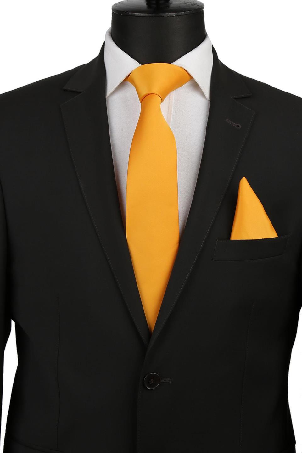 Koyu Sarı Mendilli Düz Saten Kravat KK1125