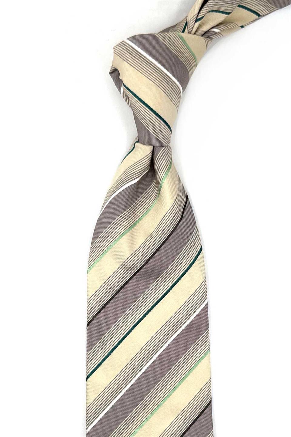 Krem Çizgi Desen İtalyan İpek Kravat İK1627