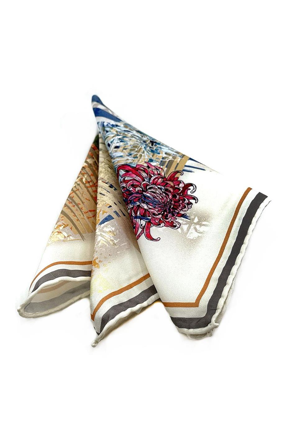 Krem - Çok Renkli Çiçek Desen Erkek Cep Mendili SPS616-95