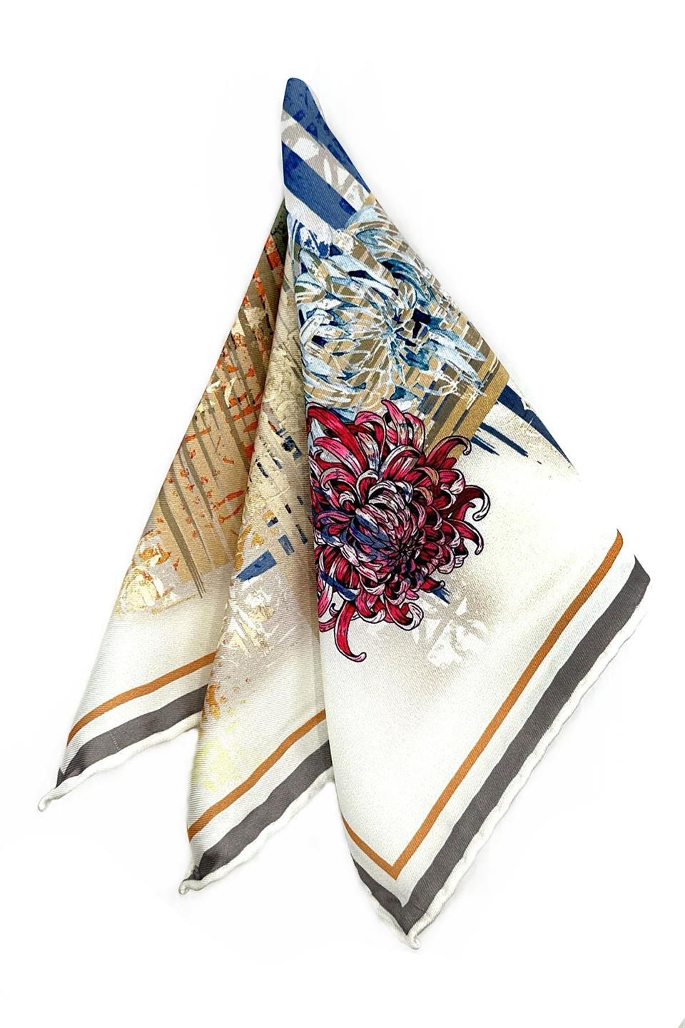 Krem - Çok Renkli Çiçek Desen Erkek Cep Mendili SPS616-95