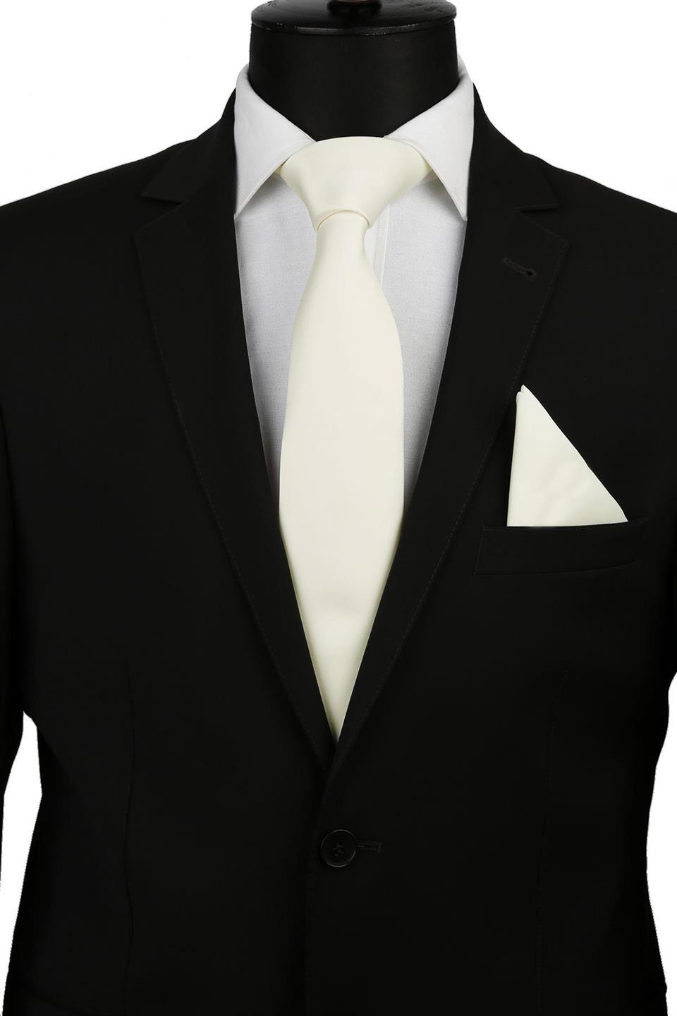 Krem Mendilli Düz Saten Kravat 1122