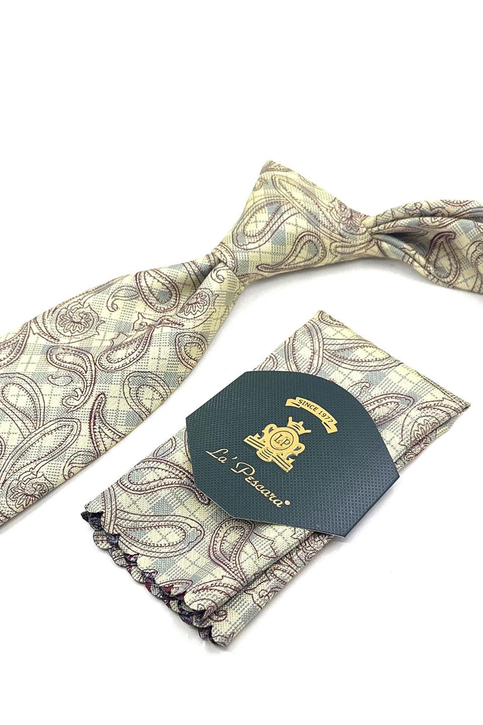 Krem Şal Desen Mendilli Klasik Kravat KK11798