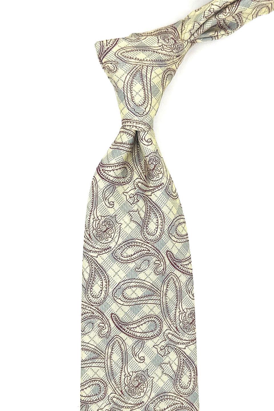 Krem Şal Desen Mendilli Klasik Kravat KK11798