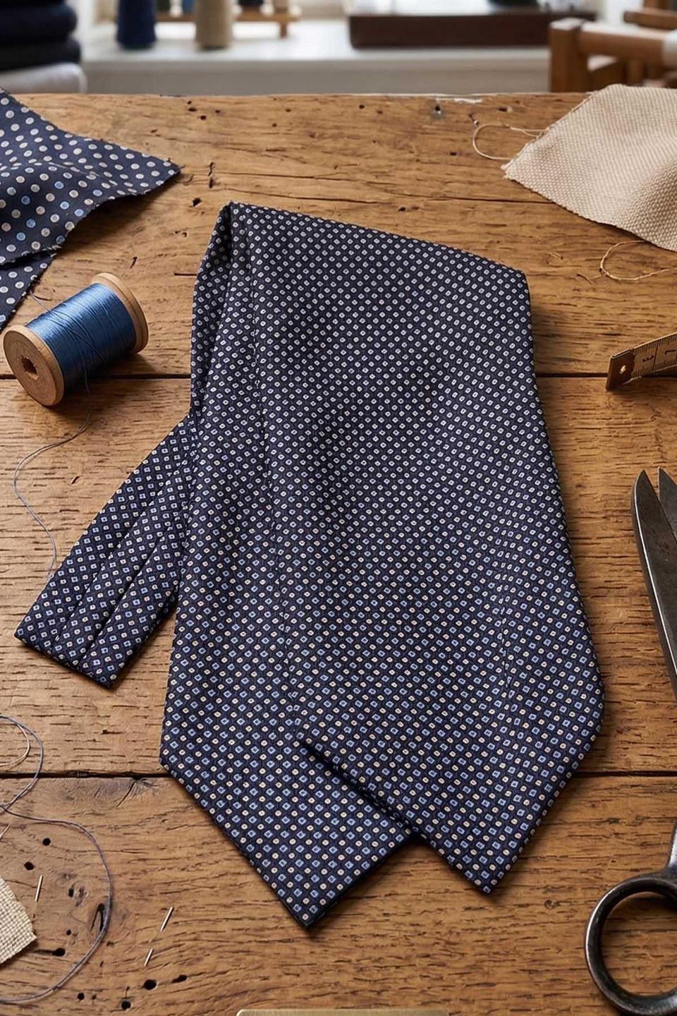 Küçük Desen Koyu Lacivert İtalyan İpek Ascot Kravat SAC36