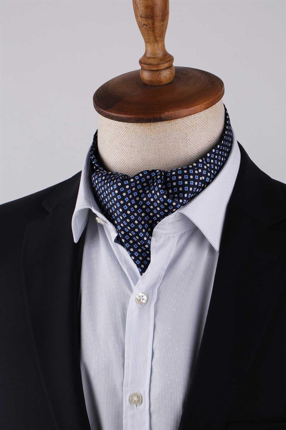 Küçük Desen Koyu Lacivert İtalyan İpek Ascot Kravat SAC36