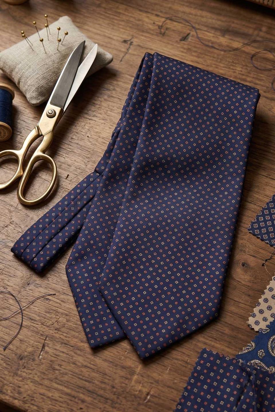 Küçük Desen Lacivert İtalyan İpek Ascot Kravat SAC53