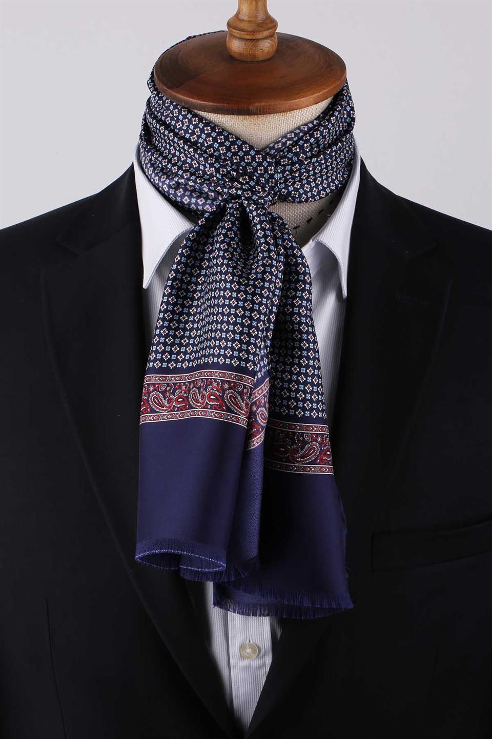 Küçük Desen Lacivert İtalyan İpek Ascot Kravat SAC01