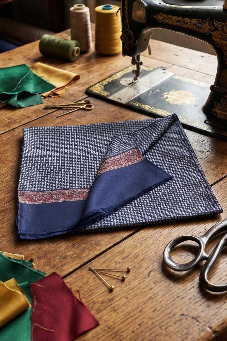 Küçük Desen Lacivert İtalyan İpek Ascot Kravat SAC01