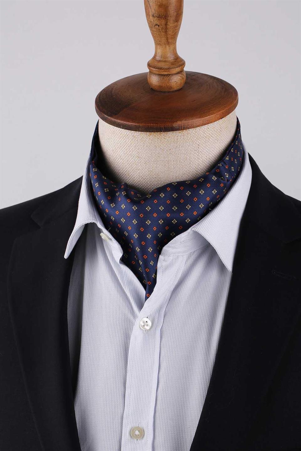 Küçük Desen Lacivert İtalyan İpek Ascot Kravat SAC53
