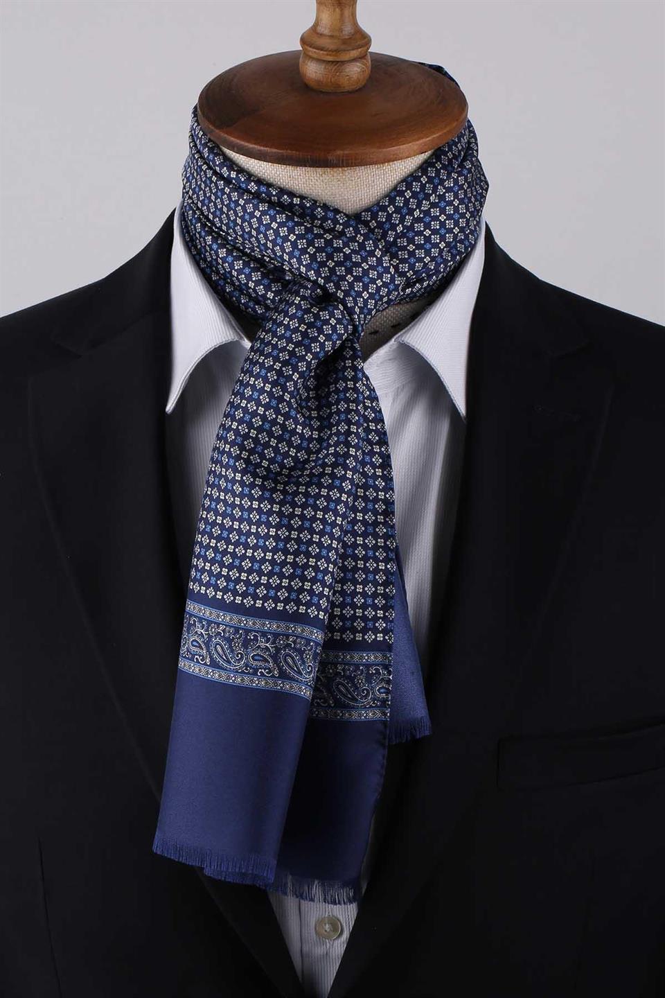 Küçük Desen Lacivert İtalyan İpek Ascot Kravat SAC05