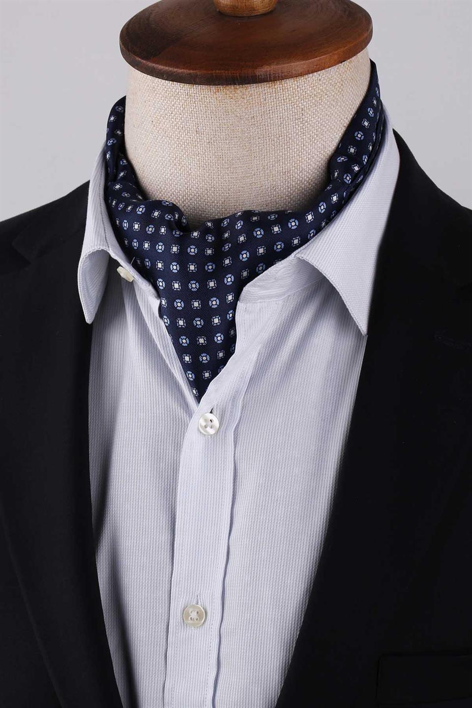 Küçük Desen Lacivert İtalyan İpek Ascot Kravat SAC16