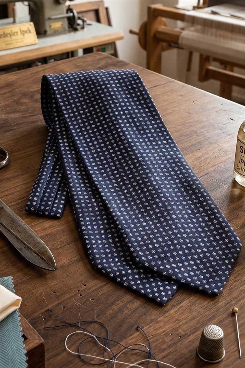 Küçük Desen Lacivert İtalyan İpek Ascot Kravat SAC16