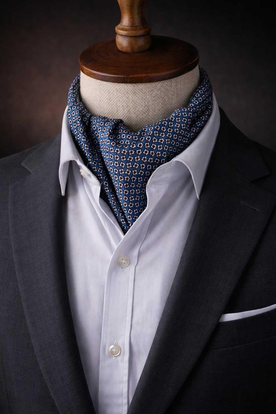 Küçük Desen Petrol Renk İtalyan İpek Ascot Kravat SAC06