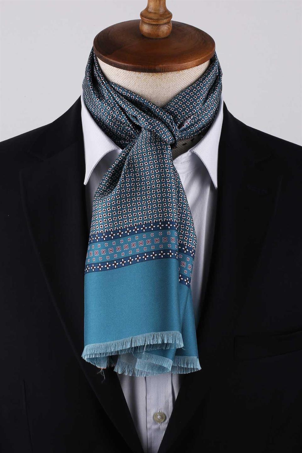 Küçük Desen Petrol Renk İtalyan İpek Ascot Kravat SAC06