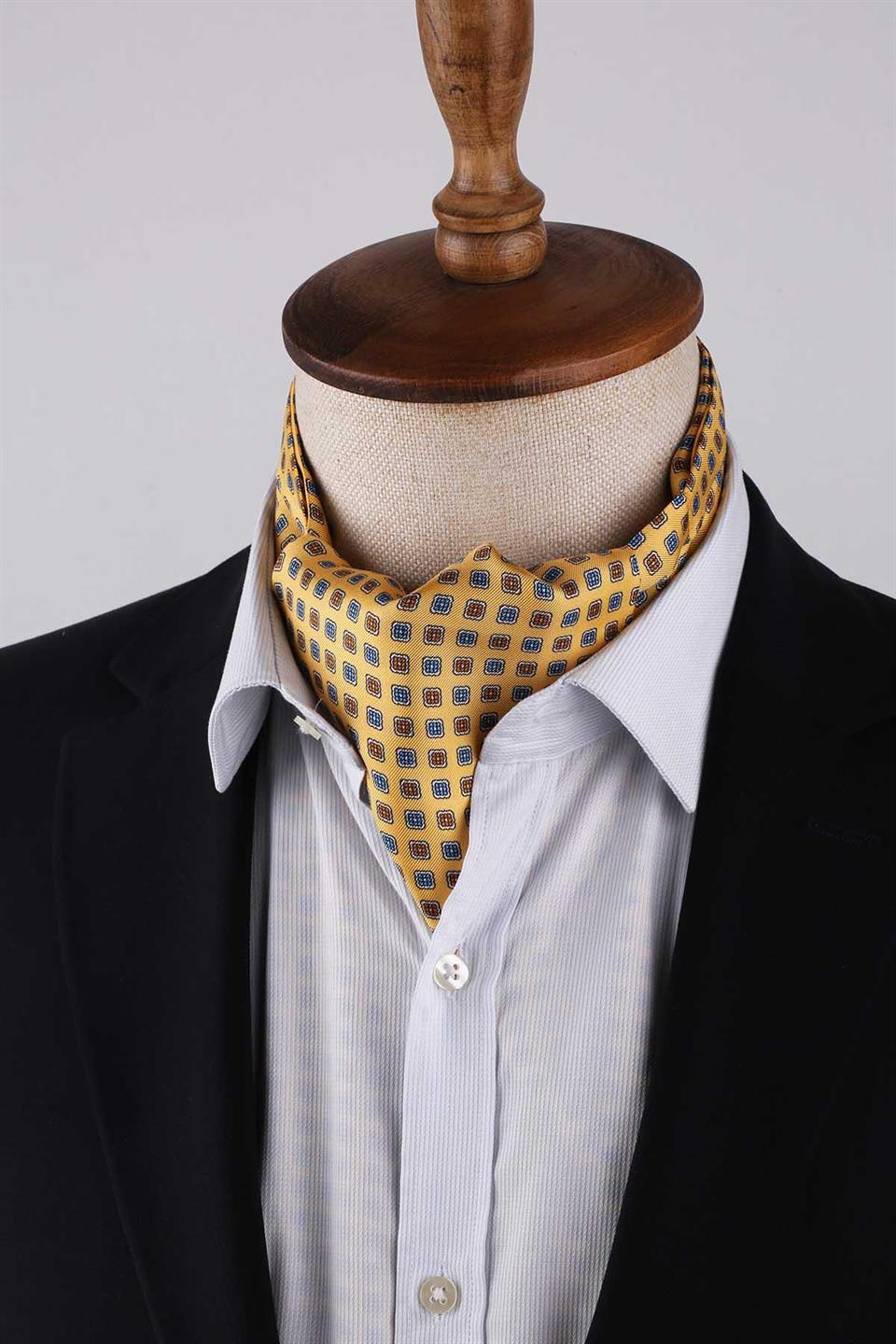 Küçük Desen Sarı İtalyan İpek Ascot Kravat SAC43