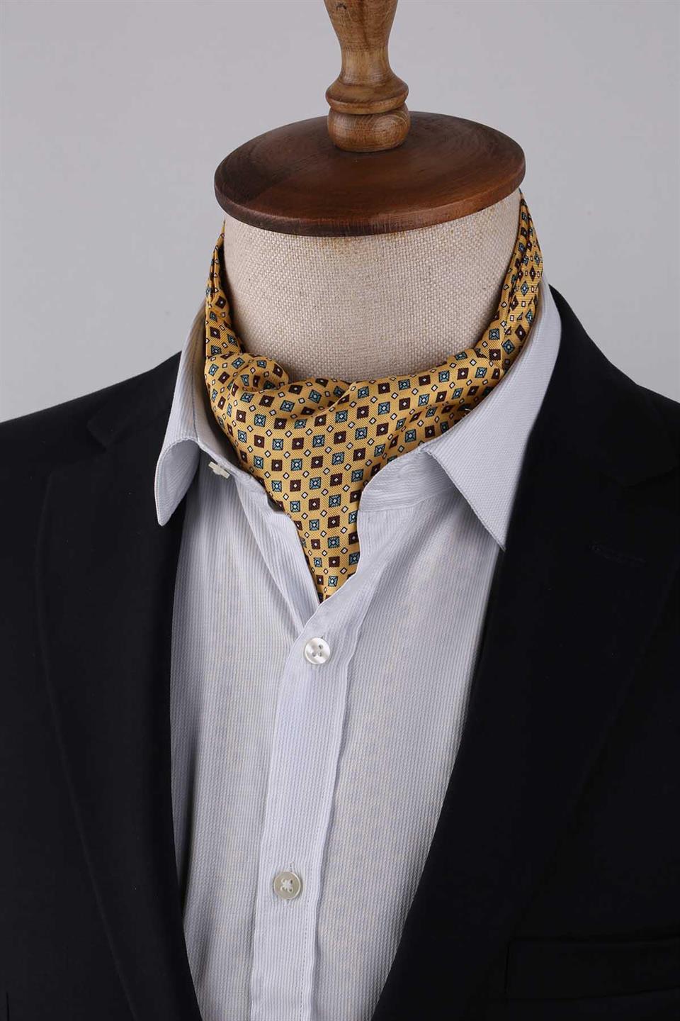 Küçük Desen Sarı İtalyan İpek Ascot Kravat SAC15