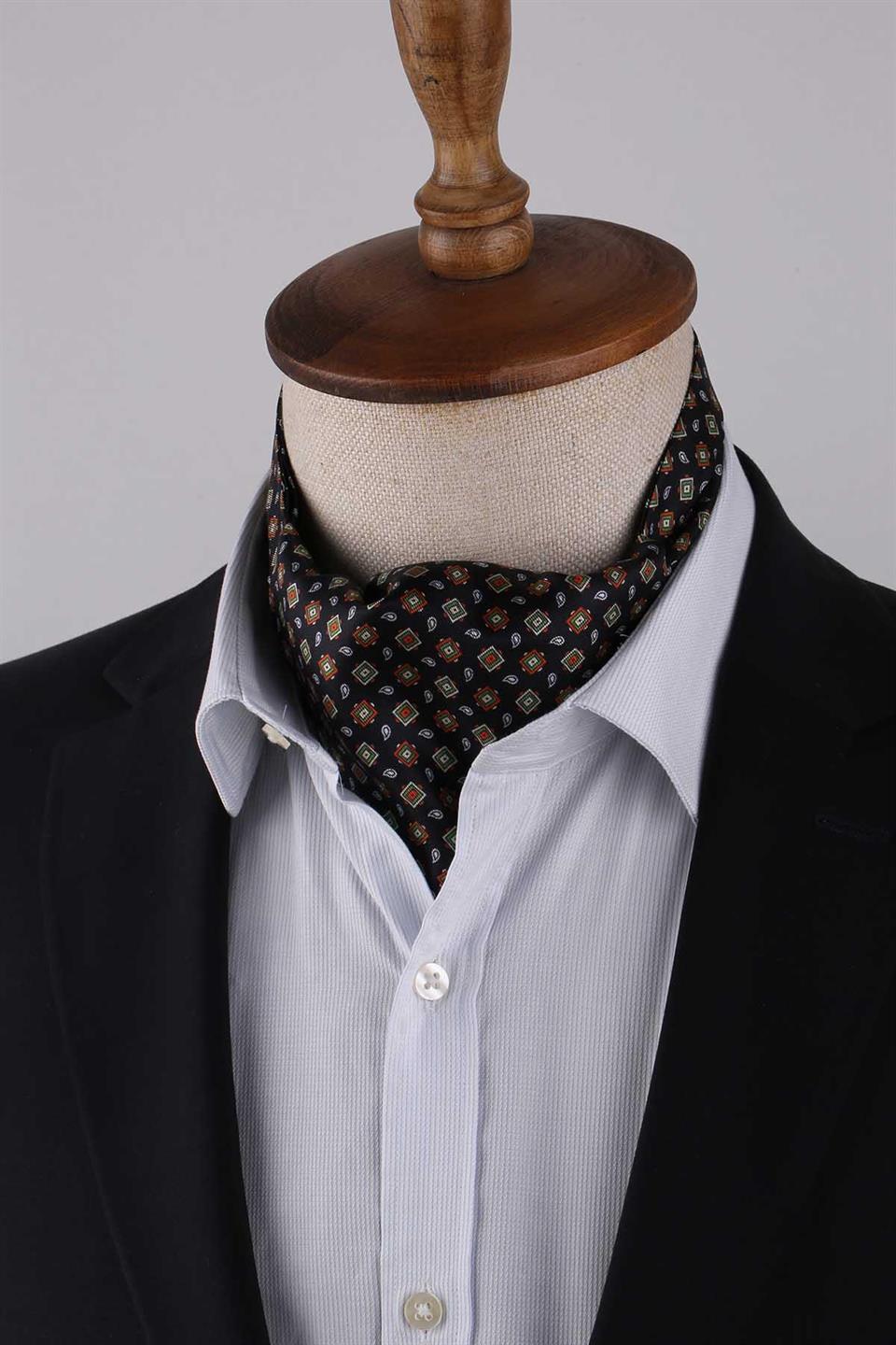 Küçük Desen Siyah İtalyan İpek Ascot Kravat SAC18
