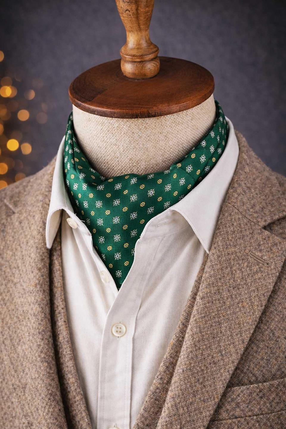 Küçük Desen Yeşil İtalyan İpek Ascot Kravat SAC54