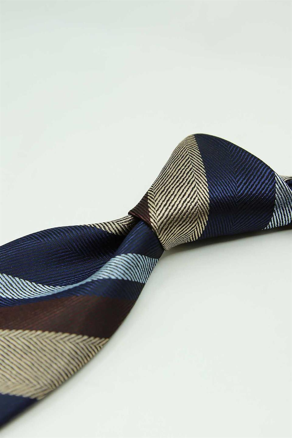 Lacivert - Bej Çizgi Kravat