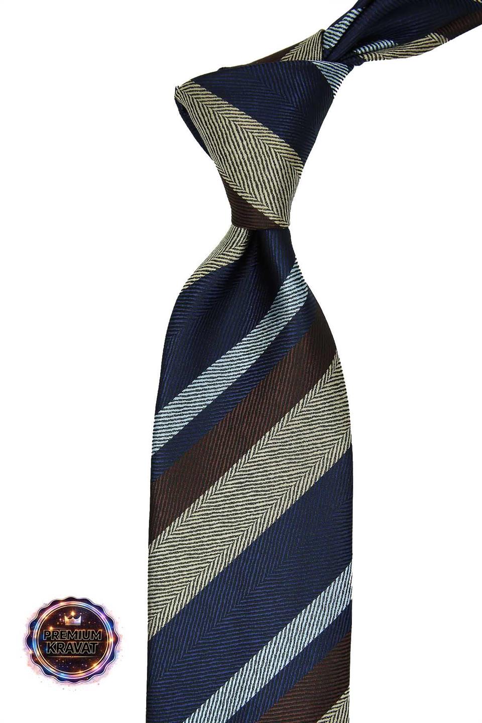 Lacivert - Bej Çizgi Kravat