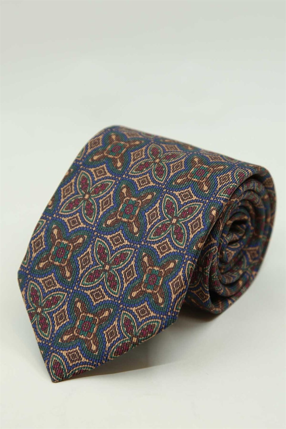 Lacivert - Bej Motif Desen İtalyan İpek Kravat İK2479