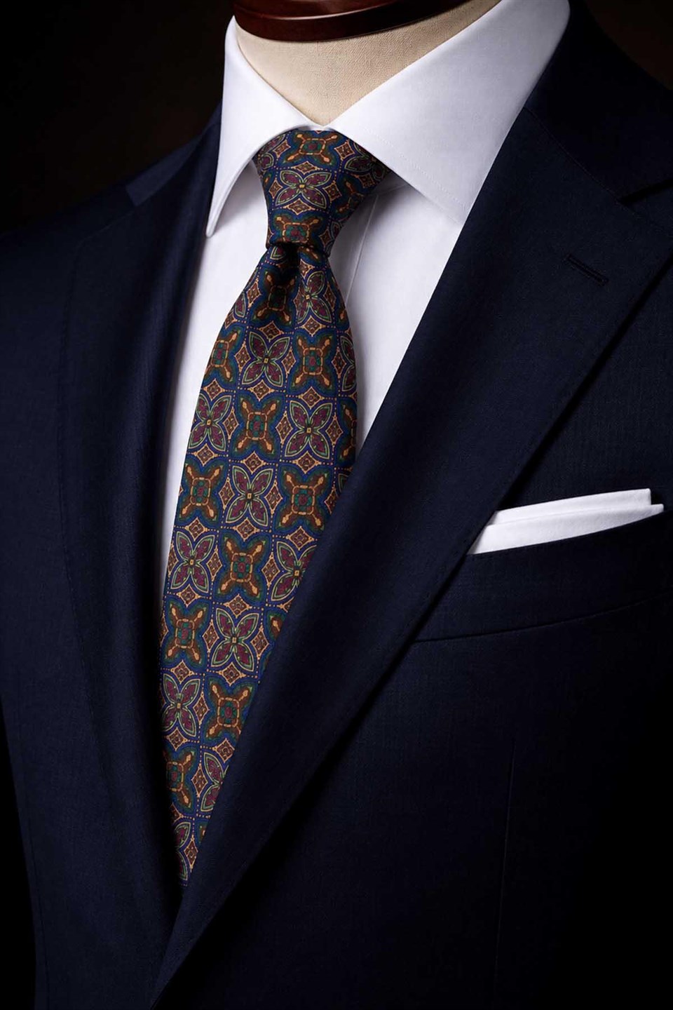 Lacivert - Bej Motif Desen İtalyan İpek Kravat İK2479