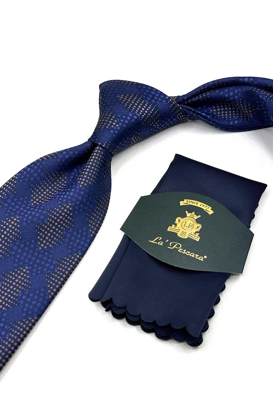 Lacivert - Bej Motif Desen Mendilli Klasik Kravat KK13421