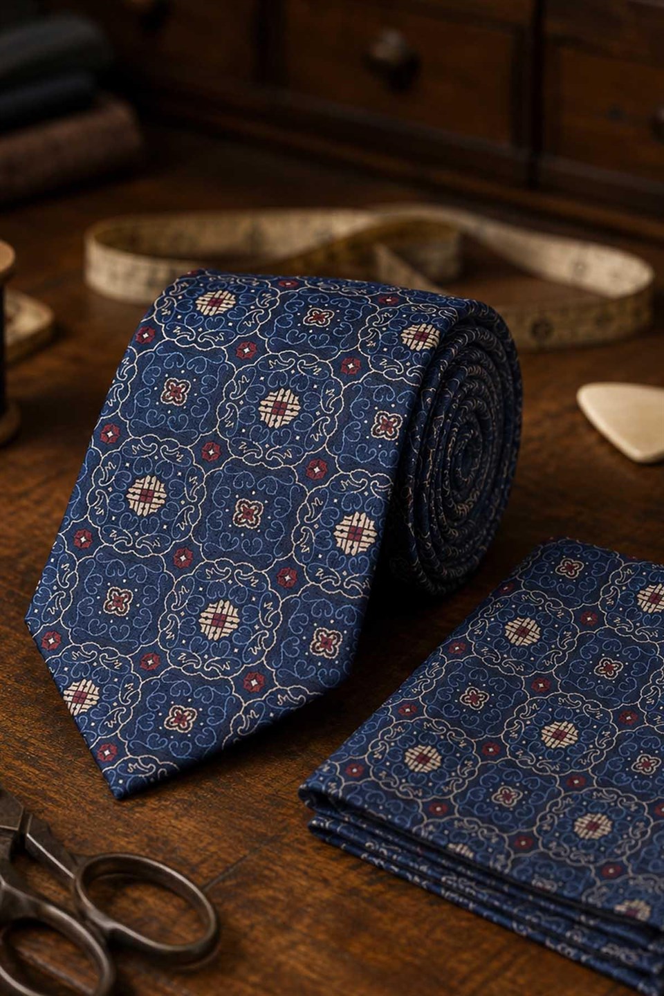 Lacivert Bej Motif Desen Mendilli Klasik Kravat KK13756